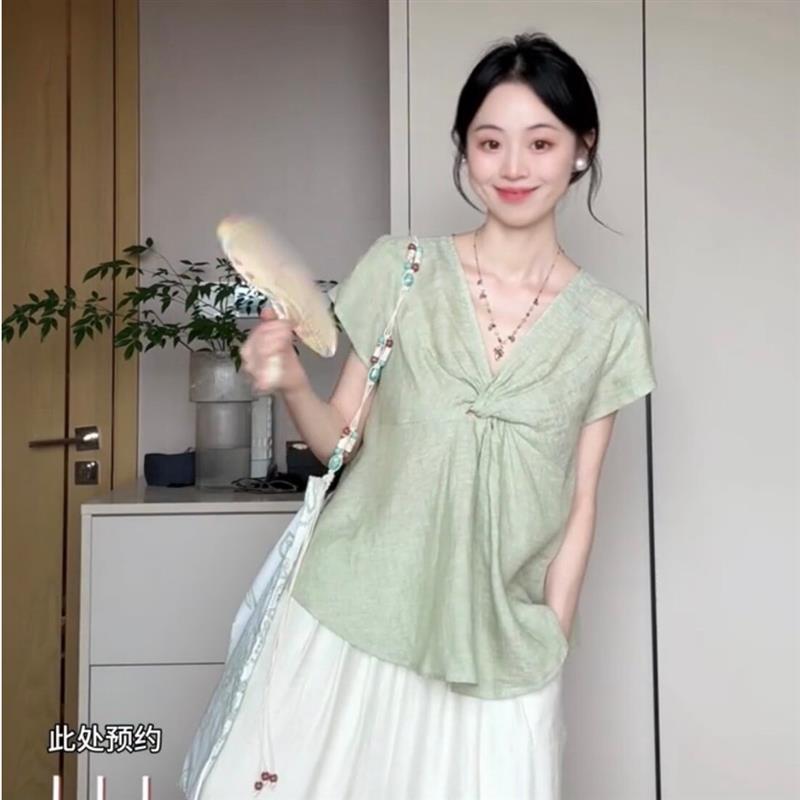 小清新薄荷绿扭结V领亚麻短袖衬衫女夏季设计感绝美显瘦小衫上衣图片