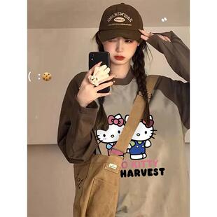 秋季 宽松慵懒风内搭打底衫 上衣 t恤女2025新款 减龄凯蒂猫拼色长袖