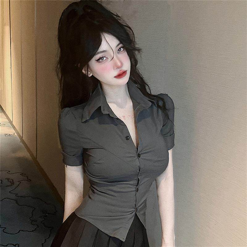 格格家 春季性感纯欲V领显胸褶皱收腰衬衫+高腰百褶裙jk制服套装