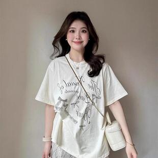 杏色蝴蝶结印花短袖女式小个子t恤2025新款夏季半袖韩系温柔上衣