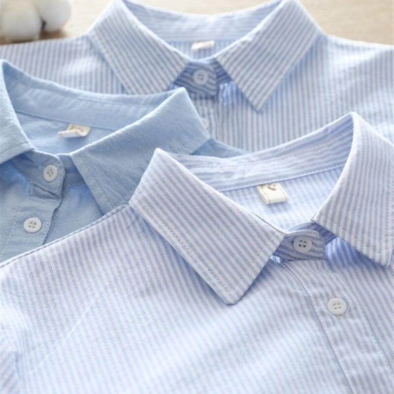 韩范文艺纯棉蓝色条纹衬衫女长袖翻领内搭通勤衬衣宽松上衣外套