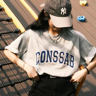 浅灰色短袖纯棉t恤女ins原创设计字母夏季美式复古宽松半袖上衣潮