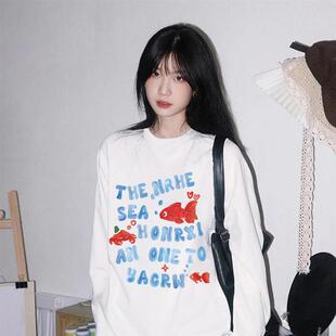 春秋上衣 潮牌字母印花宽松内搭打底衫 白色纯棉长袖 t恤女2025新款