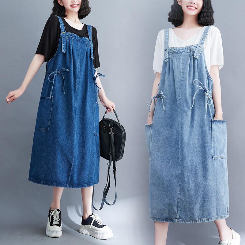 牛仔背带裙女2024新款夏季宽松韩版大码中长款显瘦减龄吊带连衣裙