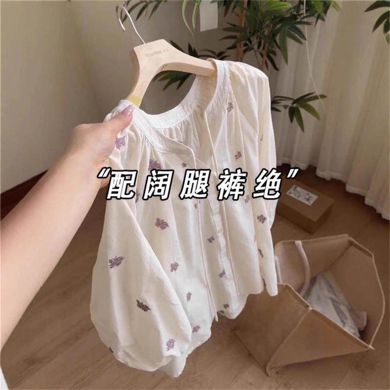 碎花棉麻防晒衬衫女夏薄款长袖法式巨好看罩衫灯笼袖秋装亚麻上衣