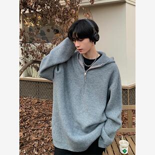 男女款半拉链宽松连帽毛衣男冬季韩版慵懒风针织衫oversize外套潮