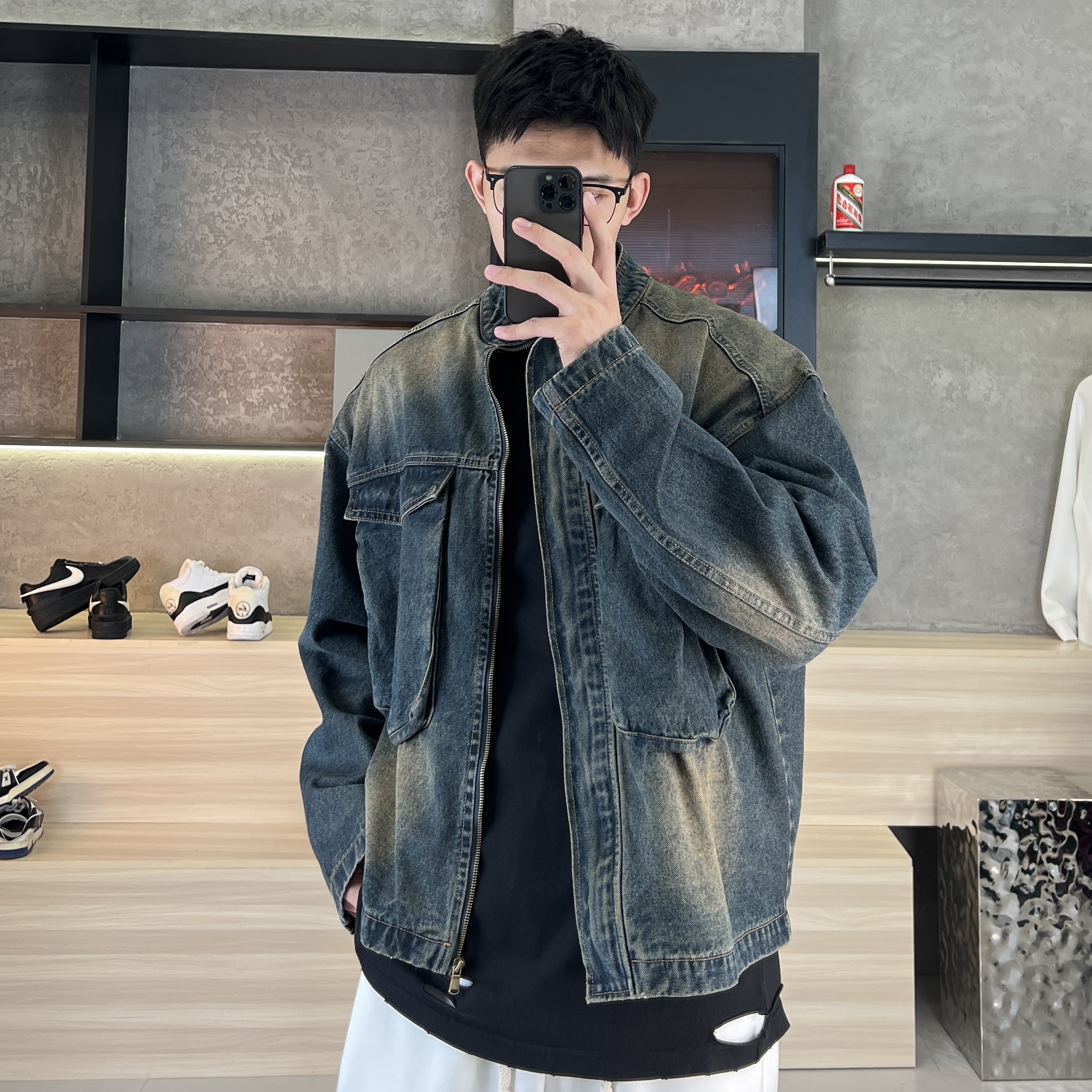 2024春季怀旧蓝复古宽松大口袋立领牛仔外套男休闲拉链夹克上衣潮