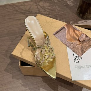 金色水钻树叶凉鞋新款春夏尖头漆皮气质绝美细跟一字拖名媛高跟鞋