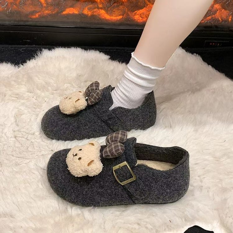 时尚爆款小熊蝴蝶结加绒勃肯鞋女