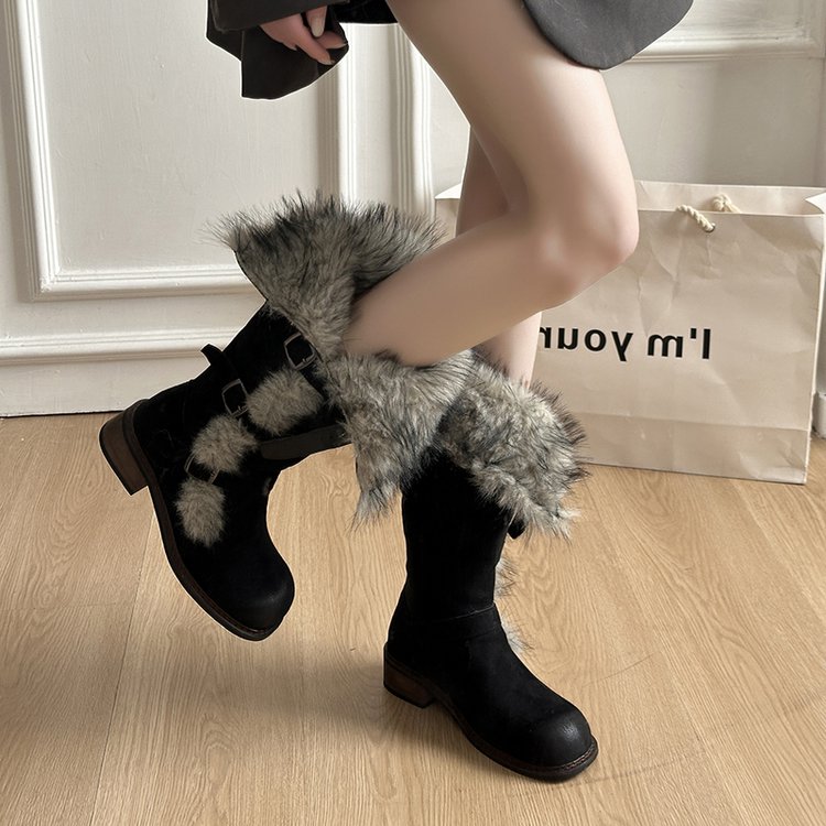 毛绒翻边加绒加厚雪地靴女