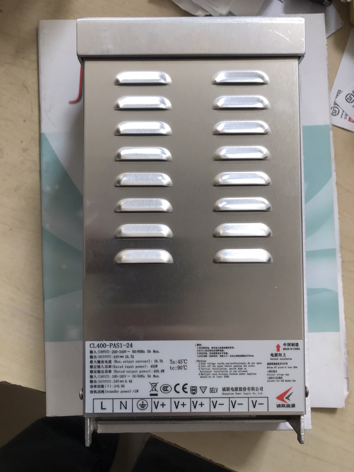 诚联400Ｗ防雨电源24V16.7A半罐胶带PFC电源CL400-PAS1-24 3C CE