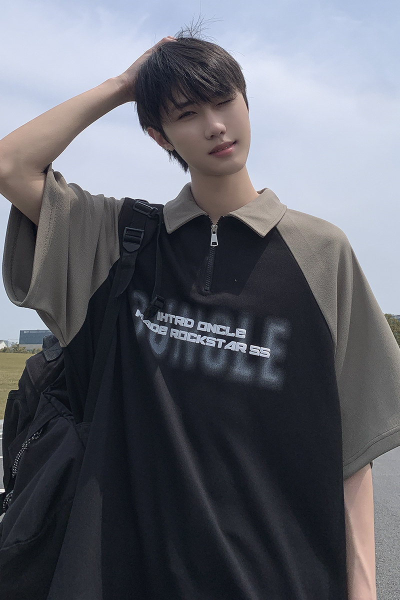 2023夏季男士短袖拼接polo衫t恤翻领宽松半袖上衣-A932TP45控68,男装Polo衫,电商B241