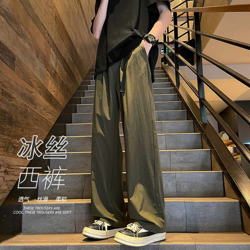 西裤男垂坠感高级感绑腰带裤子冰丝阔腿西装裤潮-A1045TP45控68图片