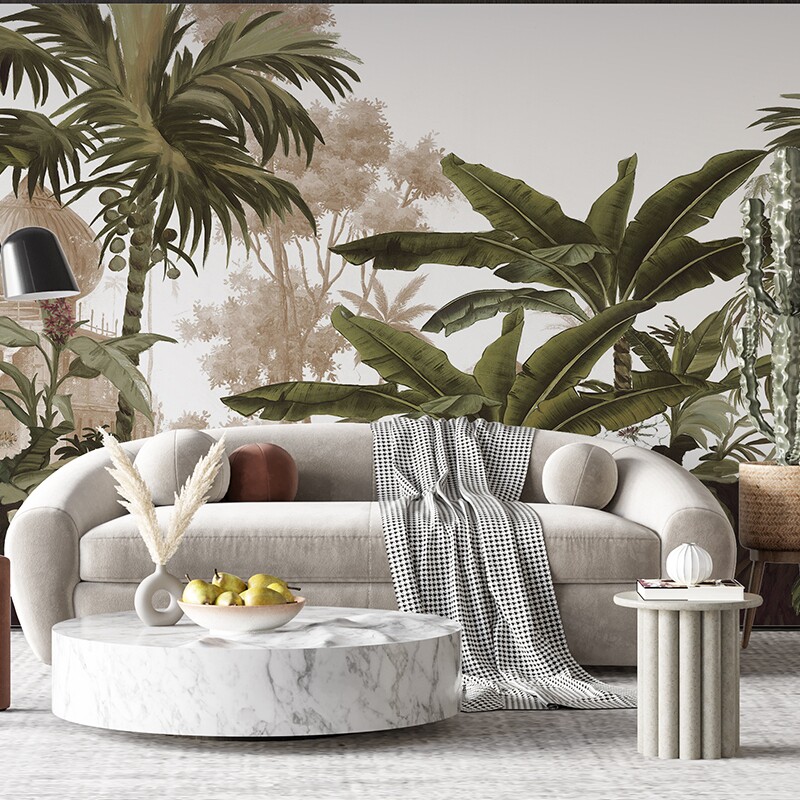 Q定制无缝墙布壁画东南亚热带雨林法式油画中古风电视背景墙壁画