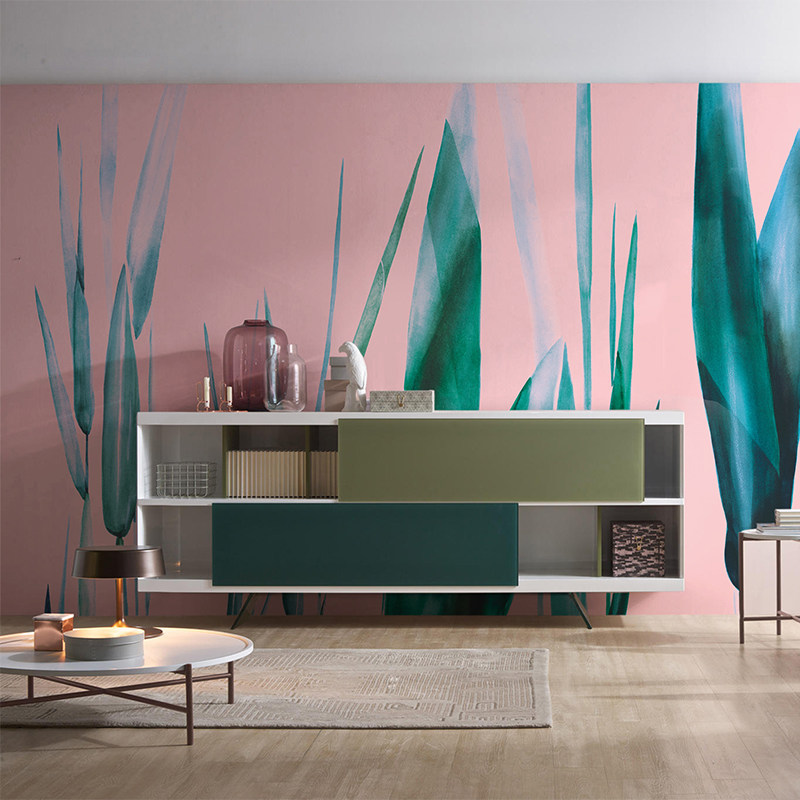 个性定制壁画 春之呼吸 粉色底绿叶电视背景墙纸卧室客厅壁纸墙画