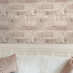 罗马尼亚复古作旧轻奢建筑绘画素描壁画墙纸书房办公室背景墙壁纸