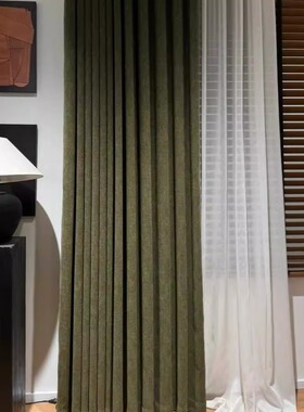 复古绿色红色奶油色美式雪尼尔纯色窗帘全遮光高级感棉麻客厅卧室