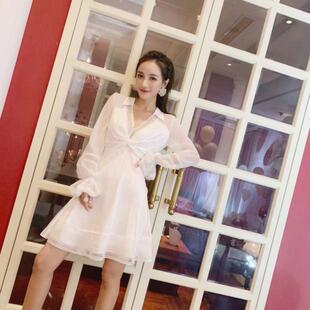 领蕾丝拼接雪纺露背sp同款 chic气质衬衫 连衣裙 portrat新款 self