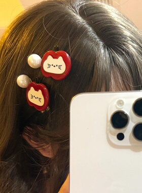 猫咪珍珠发夹女2025新款前额刘海鸭嘴夹精致醋酸苹果卡通发卡发饰
