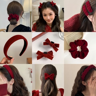 秋冬丝绒蝴蝶结发夹女刘海夹碎发夹气质红色订婚结婚新年头饰发饰