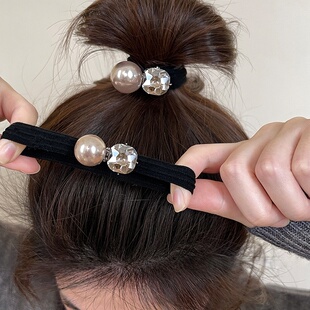 水钻发圈女丸子头2025新款 黑色扎头发黑色橡皮筋高端珍珠头绳发饰