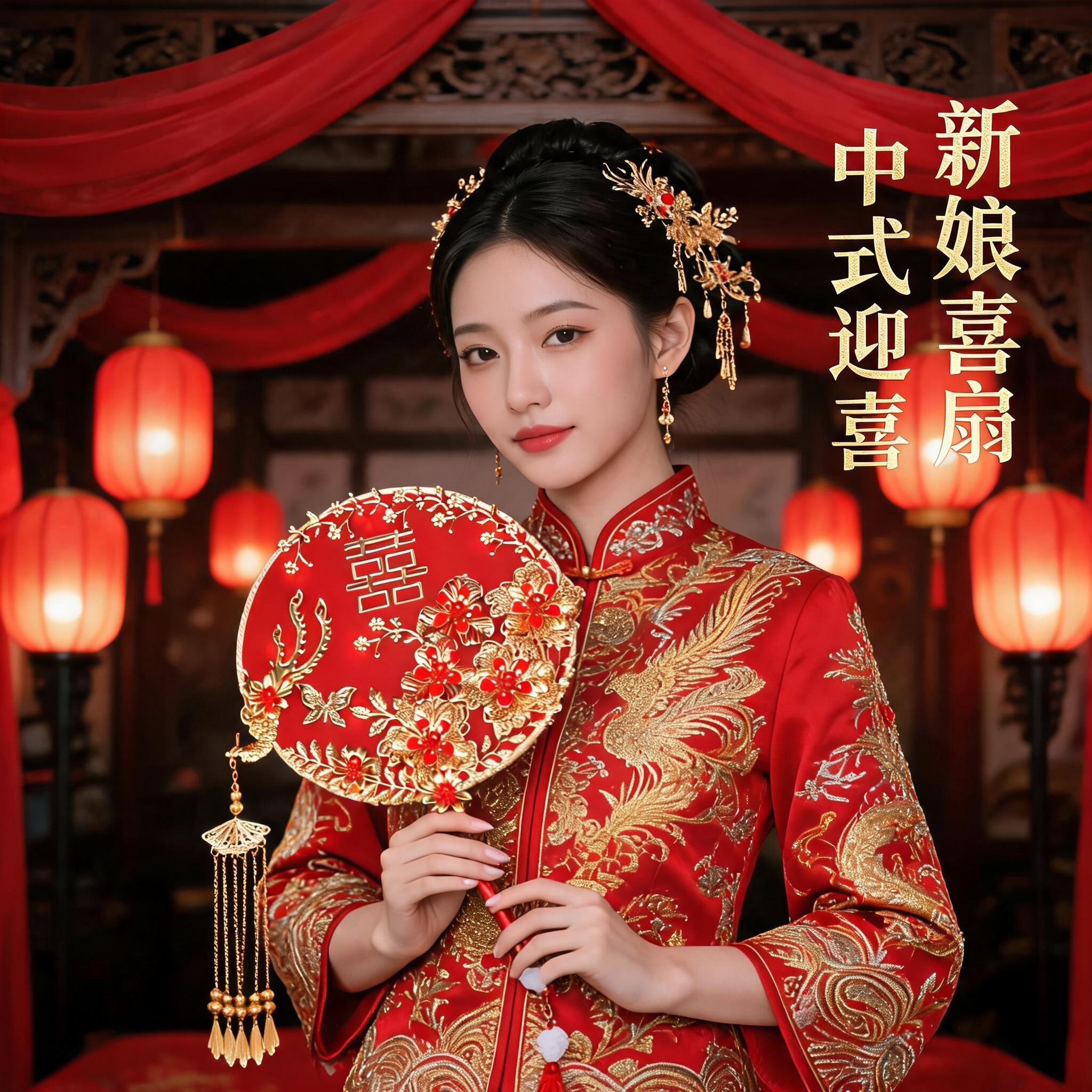 新中式新娘重工凤凰喜扇团扇