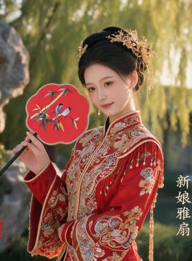 喜意成双双面刺绣八瓣团扇喜扇