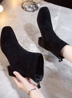 2025新款女鞋秋季瘦瘦女靴小短靴女加绒高跟鞋冬季粗跟马丁靴女潮