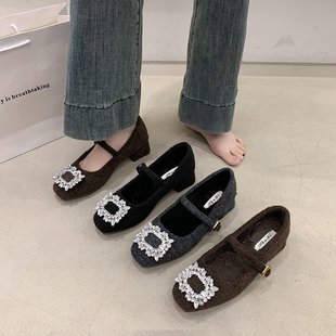 水钻方扣毛毛玛丽珍鞋女秋冬加绒方头一字带粗跟鞋子保暖法式单鞋