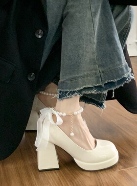 玛丽珍鞋女皮鞋2025皮新款女鞋子小个子厚底女鞋高跟白色单鞋婚鞋