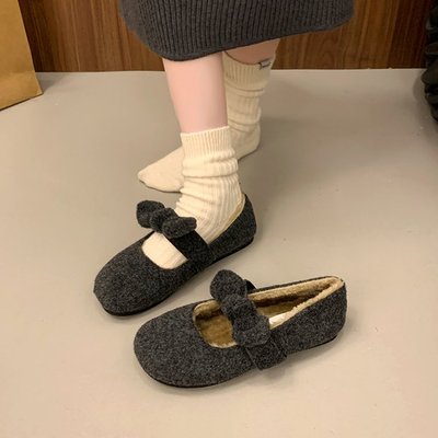 灰色加绒玛丽珍毛毛鞋女单鞋韩版魔术贴呢子棉鞋内增高厚底勃肯鞋