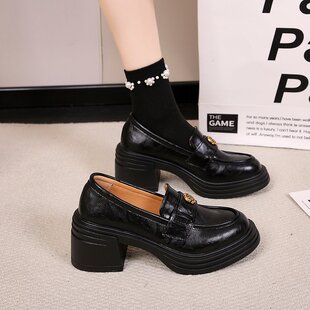 小香风复古粗跟小皮鞋女春季新款浅口乐福鞋厚底职业OL高跟单鞋子