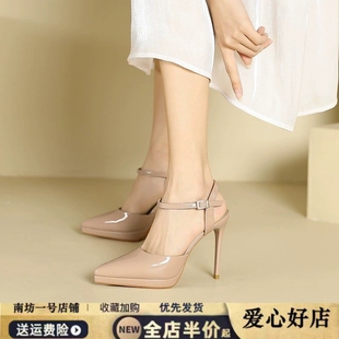 防水台细跟漆皮裸色高跟鞋 一字带法式 外穿2025新款 女夏季 包头凉鞋