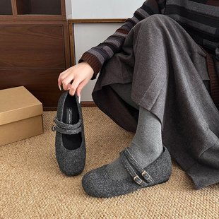 内增高玛丽珍毛毛鞋女外穿2025秋冬新款法式呢子单鞋厚底加绒棉鞋
