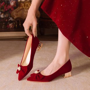 红秀禾鞋 结婚中跟踩堂鞋 2025年新款 婚礼鞋 低跟女红色 中式 新娘婚鞋