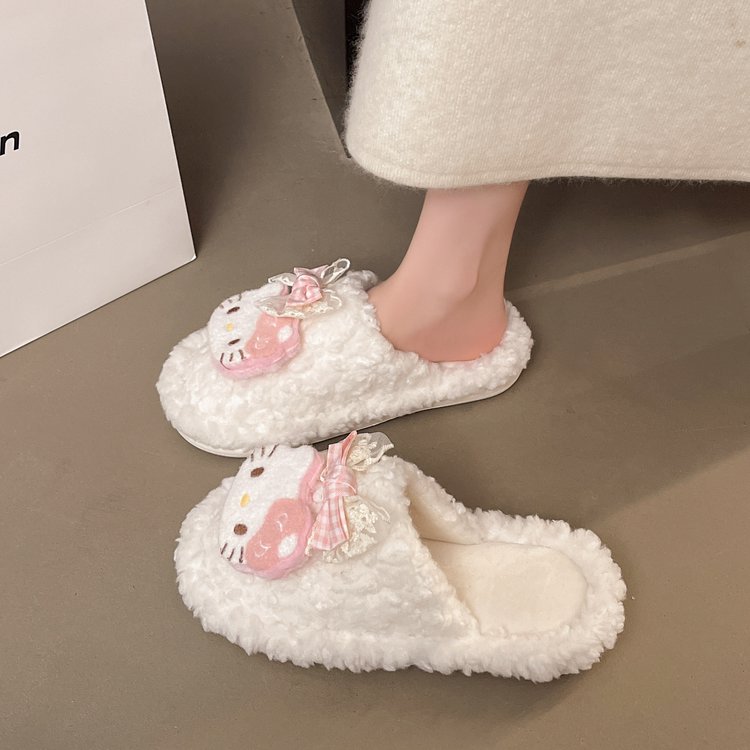 时尚可爱甜美KT猫毛毛拖鞋女2025年秋冬季厚底加绒保暖棉包头拖鞋