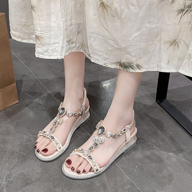2025夏季新款坡跟低跟水钻罗马风格百搭时装仙女风波西米亚女凉鞋,女鞋,罗马凉鞋,淘宝优惠券,粉丝福利购,淘宝优惠卷