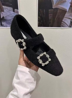 法式尖头灰色毛毛鞋单鞋女鞋子2025秋冬气质加绒玛丽珍水钻晚晚鞋