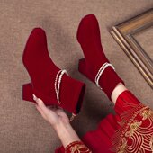 婚鞋 平时可穿红色短靴方头厚底婚靴 秀禾新娘鞋 女2025新款 秋冬中式