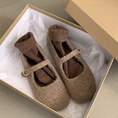 潮牌韩版 女 加绒平底咖色单鞋 复古一字带玛丽珍毛毛鞋 秋冬保暖女鞋