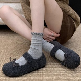 蝴蝶结百搭加绒保暖棉瓢鞋 仙女圆头单鞋 女秋冬外穿2025新款 毛毛鞋