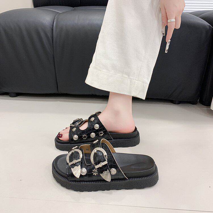 厚底拖鞋女外穿2026新款双杠金属铆钉懒人休闲一脚蹬凉拖鞋41一43