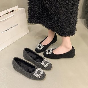 黑色水钻法式方扣一脚蹬内增高浅口单鞋子女秋冬加绒2025新款爆款