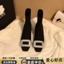 黑色方头短靴女2025新款方扣水钻弹力袜靴子低跟粗跟绒面瘦瘦靴