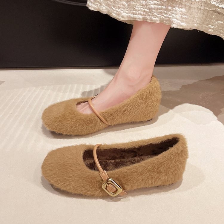 小香风一字扣百搭温柔毛毛鞋子