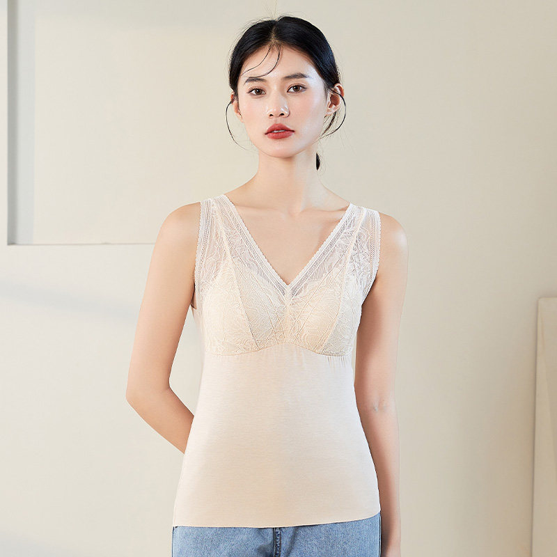 가을|겨울 멀베리 실크 브이넥 따뜻한 와이드 숄더 조끼 레이스 내부와 가슴 패드가 있는 탈부착 가능한 실크 바닥 탑