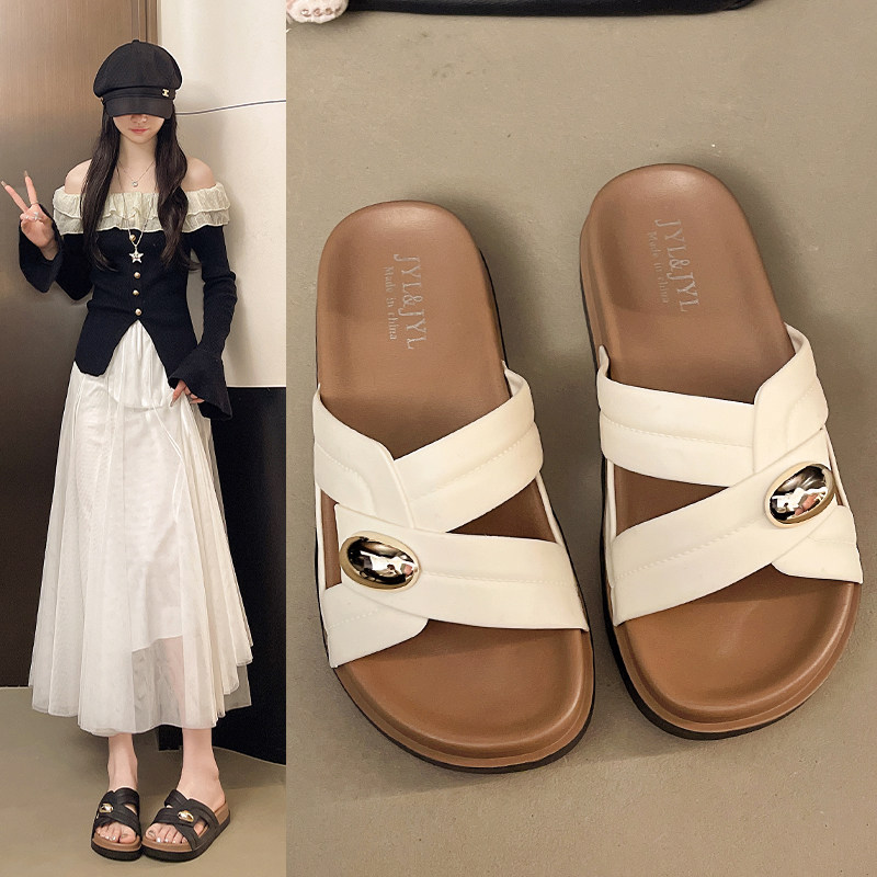 米梵昕2026新款平底居家外穿时尚交叉带韩版百搭一字拖沙滩女凉拖