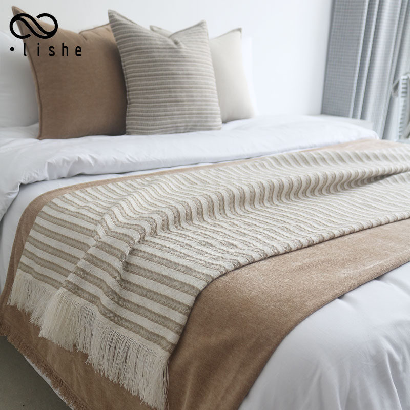 中古风床尾毯条纹民宿床尾巾酒店床旗土黄色沙发搭毯侘寂风床毯,床上用品,休闲毯/毛毯/绒毯,淘宝优惠券,粉丝福利购,淘宝优惠卷