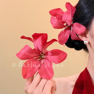 红瓣曳风~度假风红色花朵发夹女海边拍照侧边夹发卡头饰夸张配饰