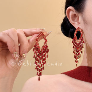 霓裳羽衣~超闪满钻红锆石流苏耳坠气质高级聚会礼服耳饰独特耳环